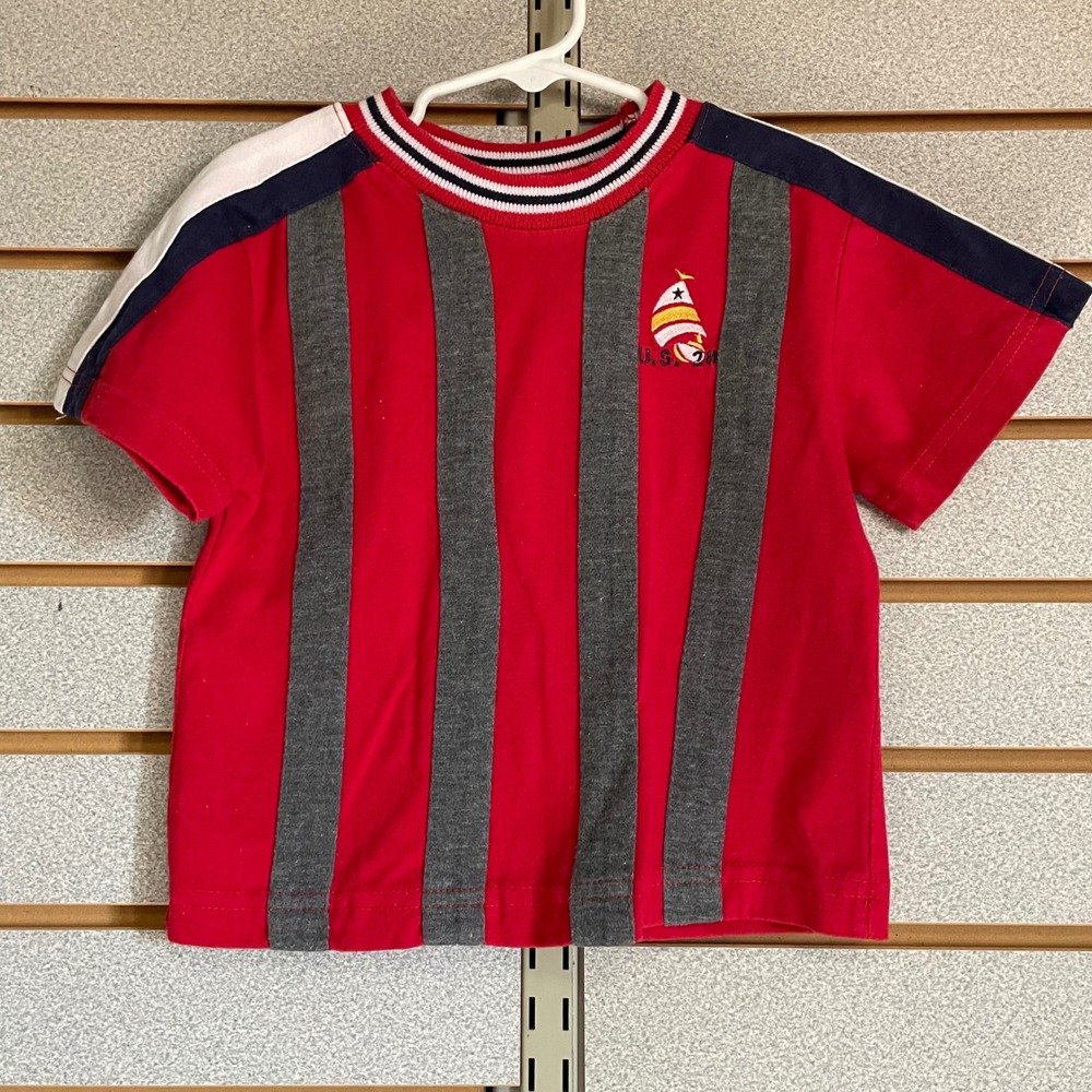 VTG Boys Kids 3T Sesame‎ Street Red Gray Striped Sailor Boat Graphic T-Shirt